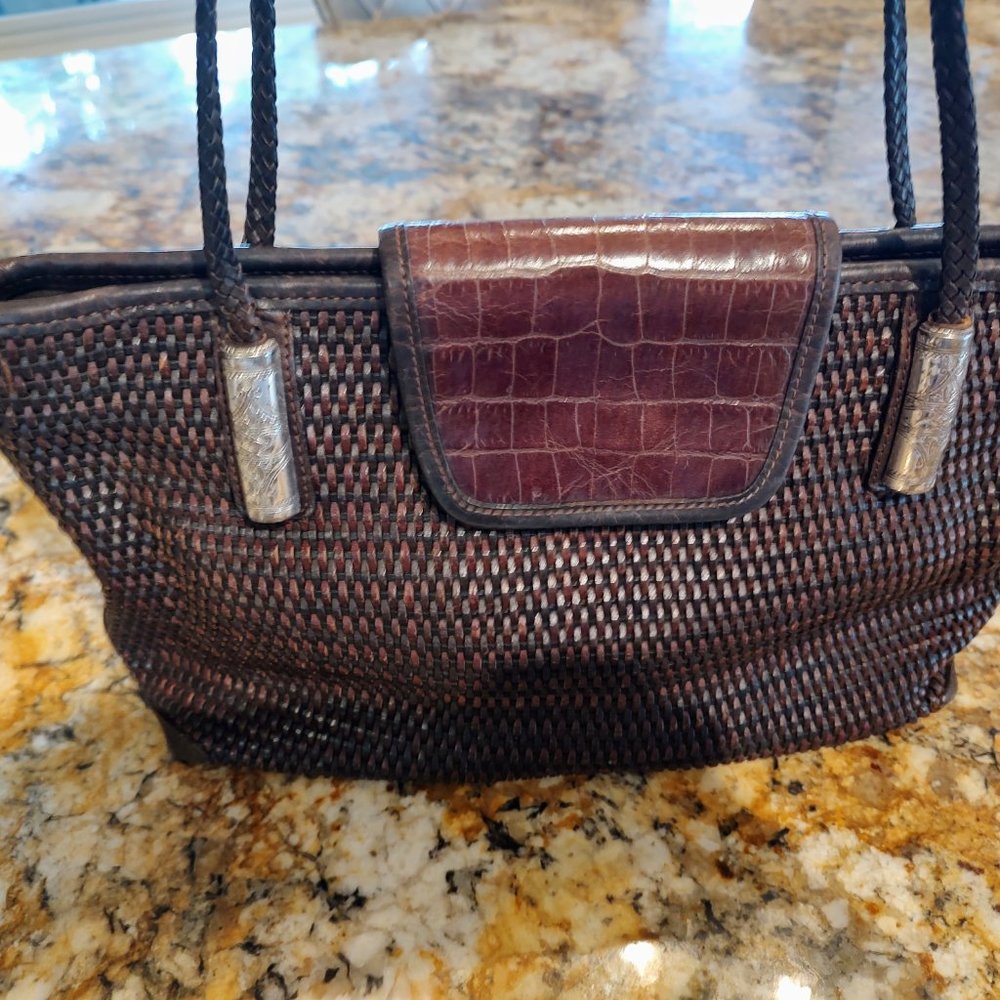Brighton shoulder bag, brown weave with embossed panel, silver accents13X8" - Picture 2 of 15
